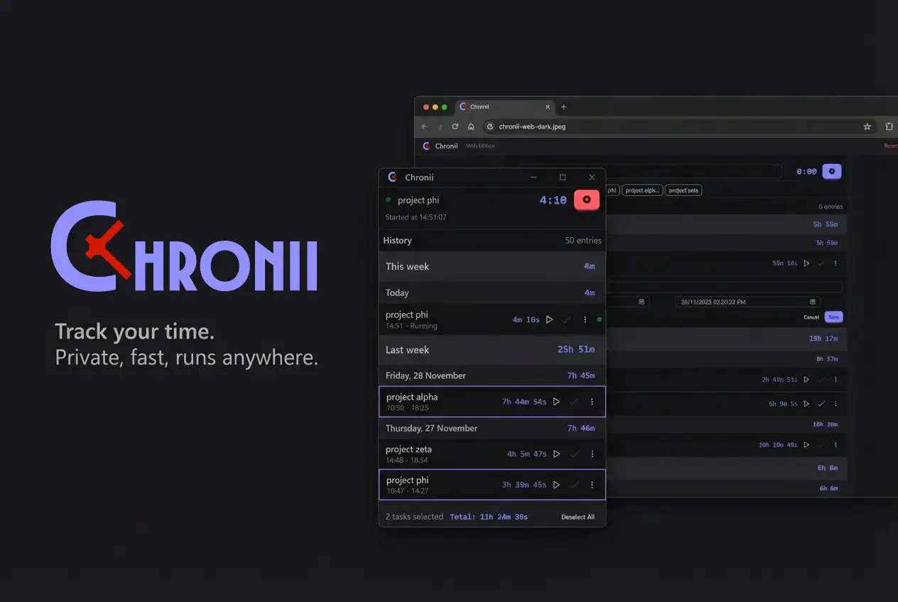 Chronii app mockup (dark)